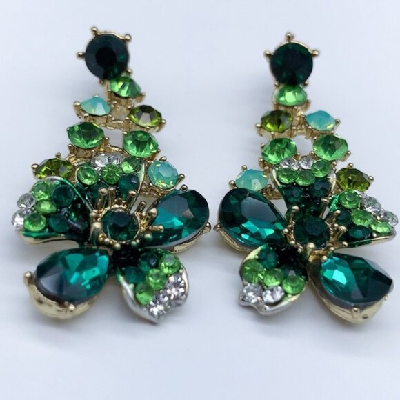 Vintage Green Crystal Floral Dangling Earrings - Picture 2 of 7
